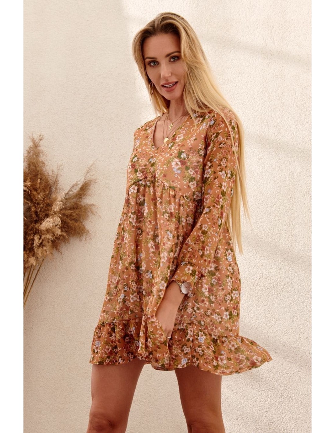 Floral dress with ruffles, light brown PR1892 - Online store - Boutique